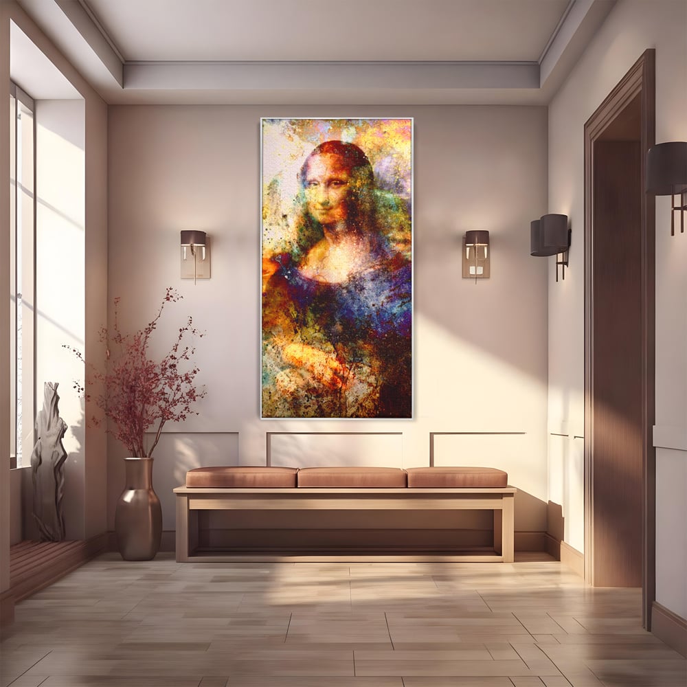 Tablou canvas cu tablou canvas cu mona lisa in culori vibrante, in rama de aluminiu argintiu